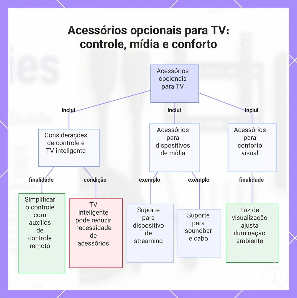 Acessórios opcionais para TV: controle, mídia e conforto