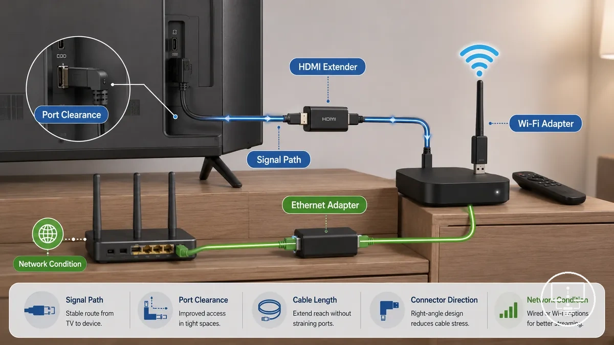 Acessórios de conexão para streaming de TV estável mostrando HDMI, Ethernet e acesso a portas