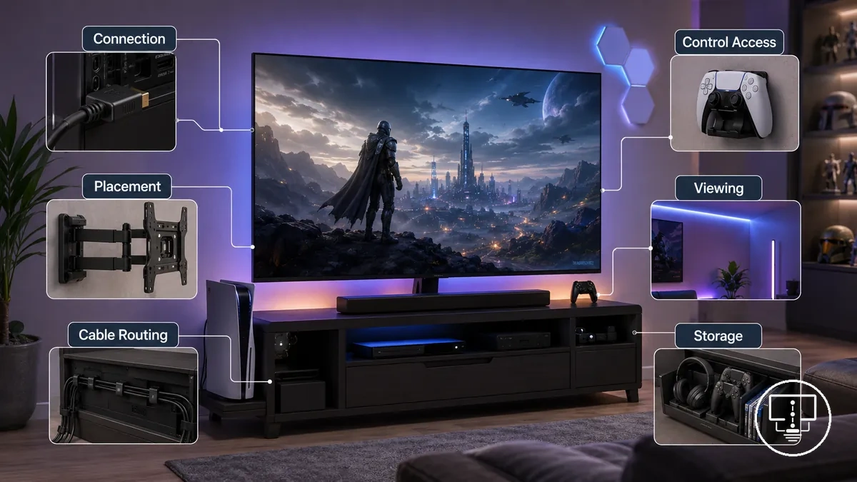 Acessórios para configurar TV para jogos que oferecem suporte a conexão, organização e visualização