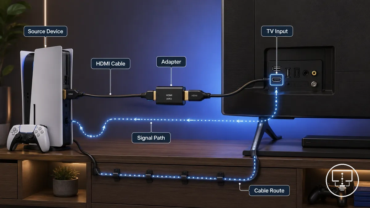 Acessórios HDMI e de conexão usados no caminho de sinal de uma TV para jogos