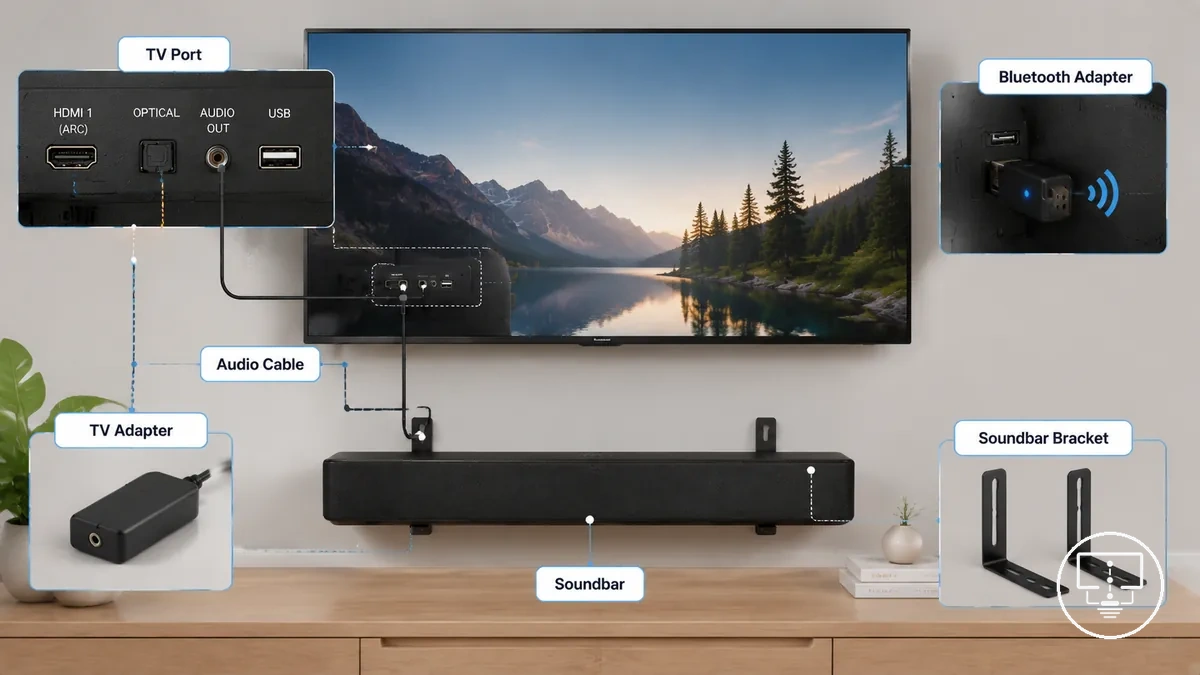 Acessórios para configurar o som da TV incluindo cabo de áudio, adaptador, suporte para soundbar e adaptador Bluetooth