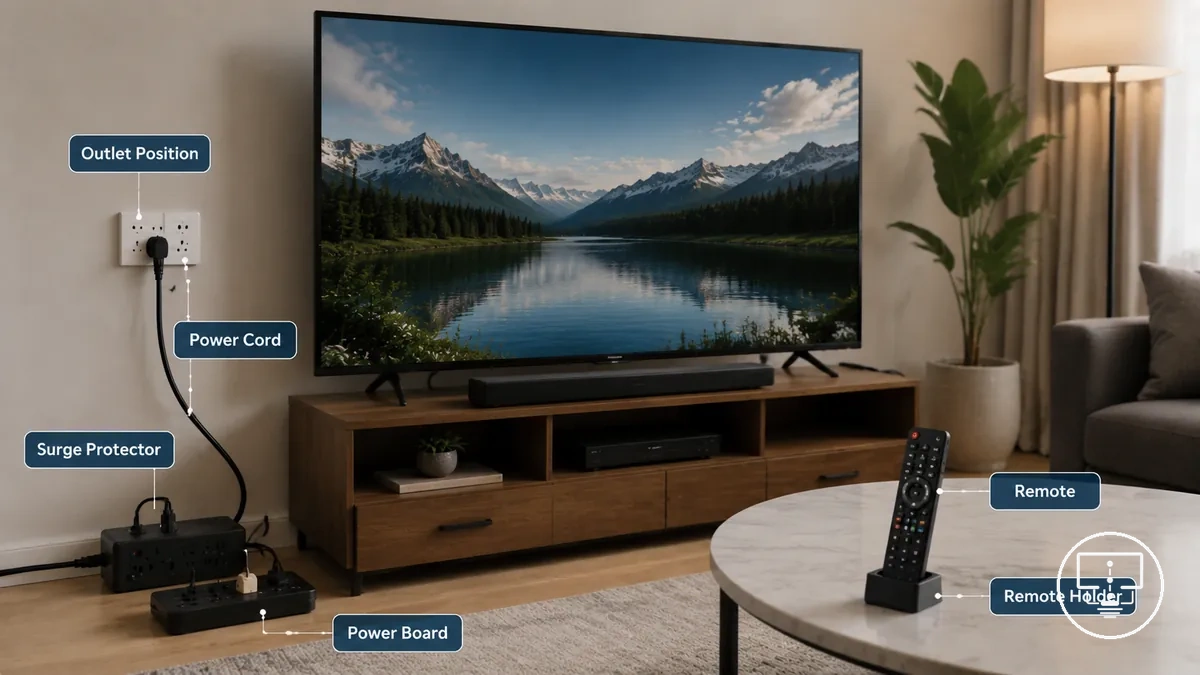 Acessórios de energia, proteção contra surtos e controle remoto para configuração de TV
