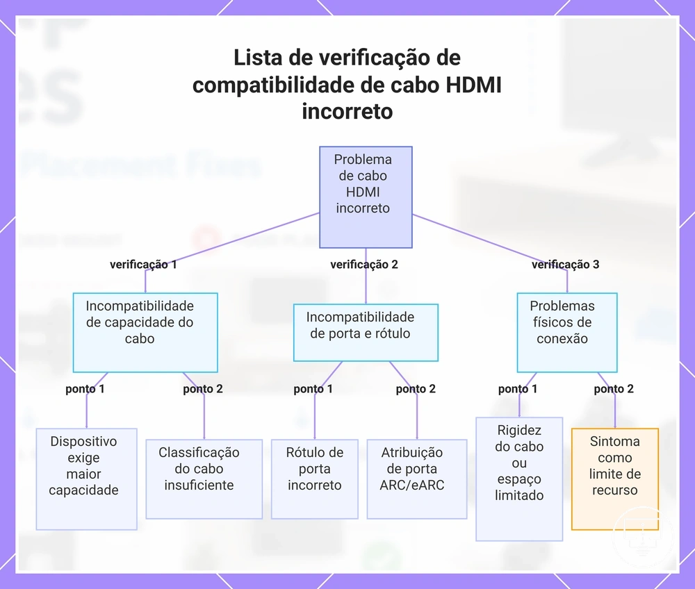 Lista de verificação de compatibilidade de cabo HDMI incorreto