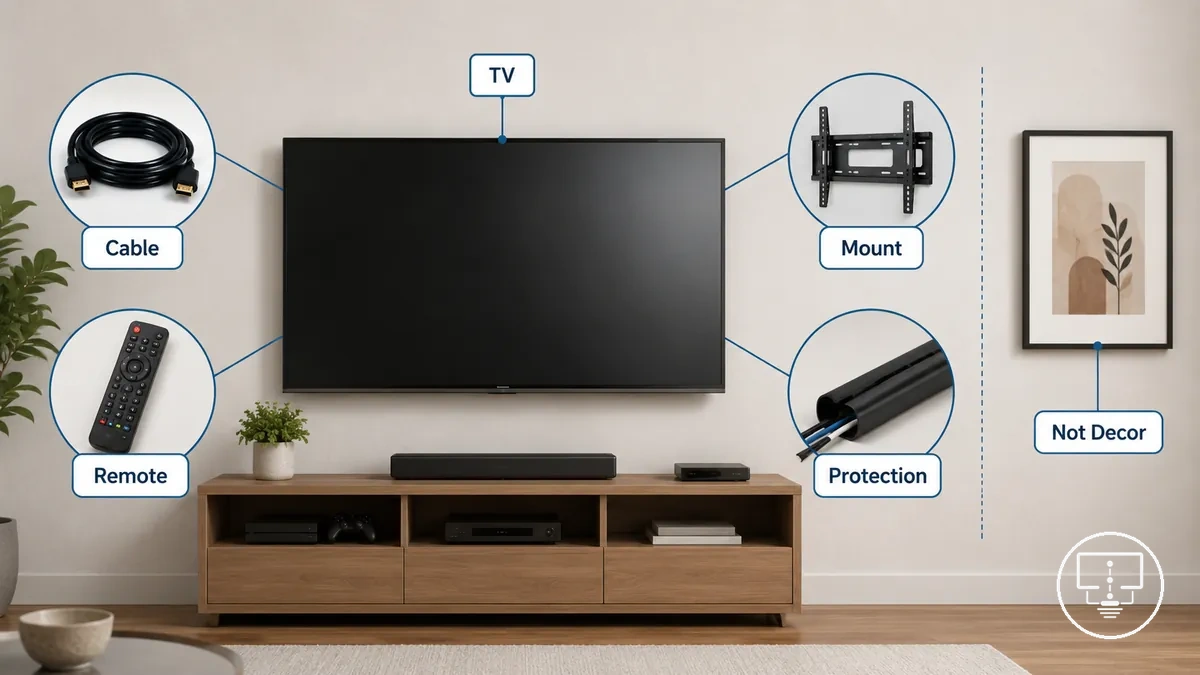Acessórios para configurar TV mostrados separadamente da televisão