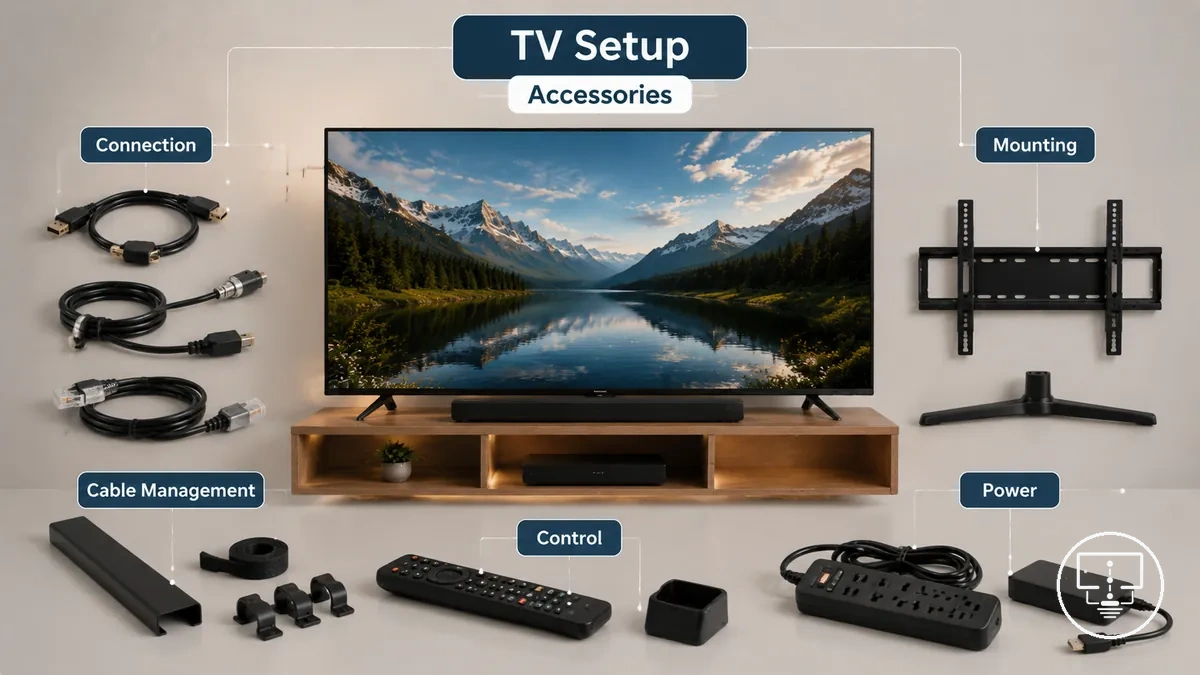 Acessórios para configurar TV mostrados ao redor de uma televisão com cabos, suporte de montagem, gerenciamento de cabos e itens de controle