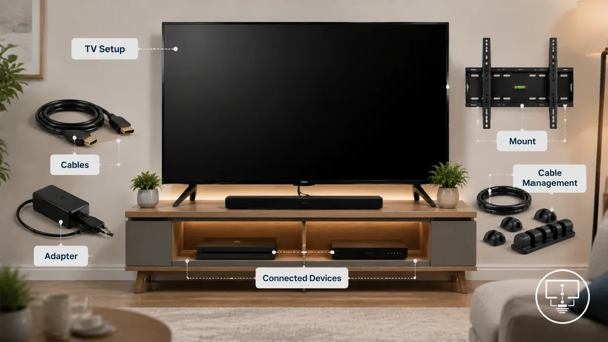 Acessórios para configurar TV usados ao redor de uma televisão com cabos, suporte de montagem e organização de cabos