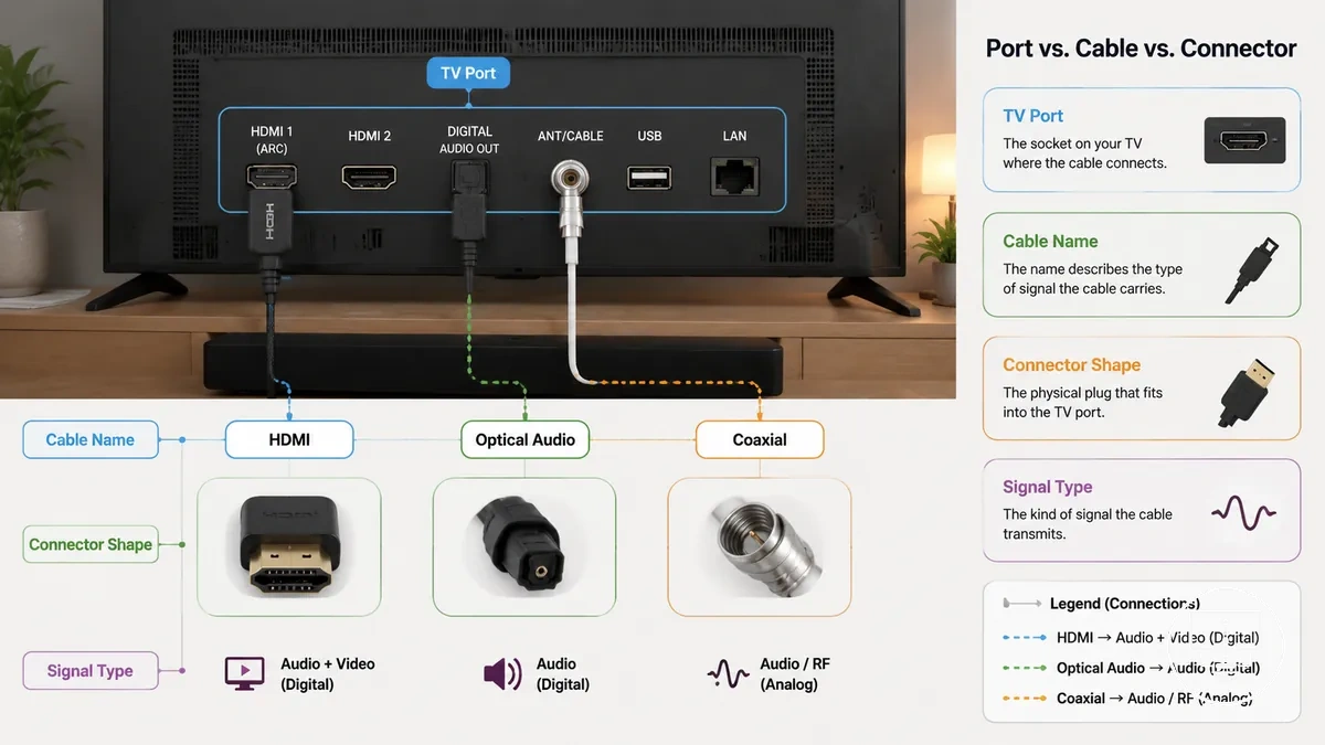 Portas de TV, nomes de cabos e diferenças de conectores mostrando portas, cabos e conectores identificados em uma configuração de televisão