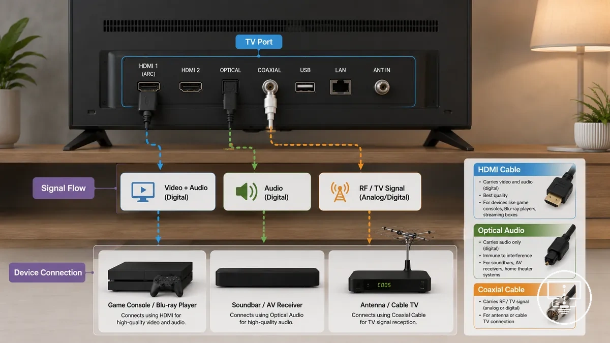 Principais tipos de cabos usados em conexões de TV mostrando cabos HDMI, coaxial e de áudio óptico conectados a uma televisão