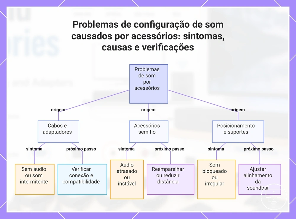 Problemas de configuração de som causados por acessórios: sintomas, causas e verificações