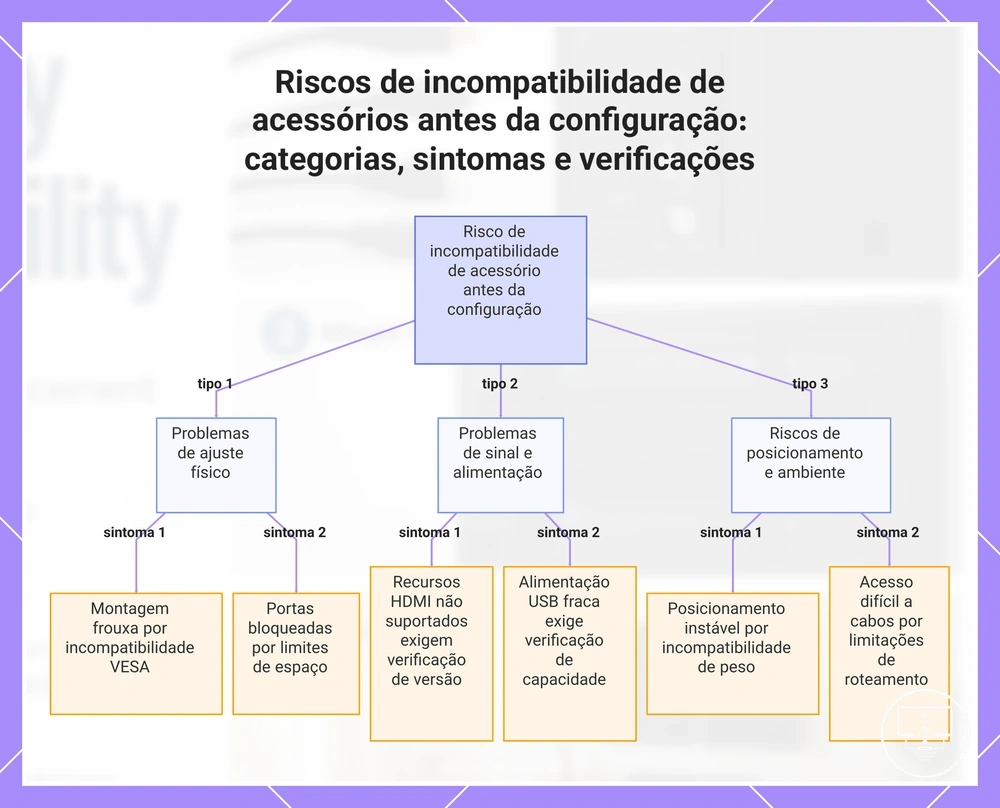 Riscos de incompatibilidade de acessórios antes da configuração: categorias, sintomas e verificações