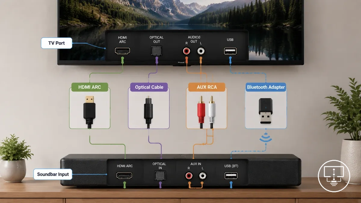 Tipos de cabos e adaptadores de áudio para TV conectados entre uma TV e uma soundbar