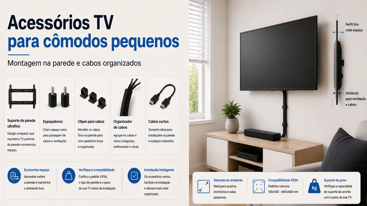 Acessórios compactos para configurar TV em um cômodo pequeno com montagem na parede e organização de cabos