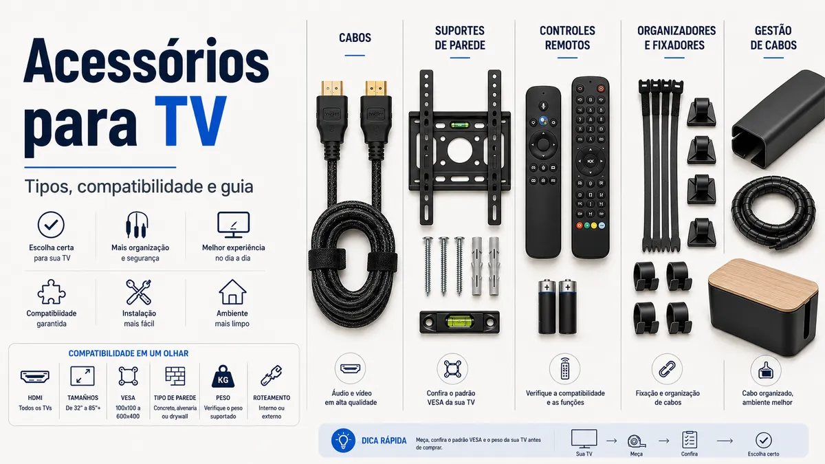 Acessórios para configurar TV organizados com cabos, itens de montagem, controles remotos e organizadores de fios