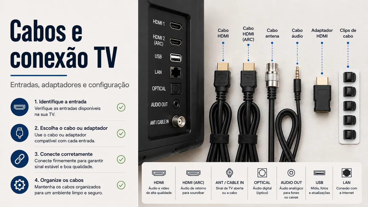 Cabos e acessórios de conexão para TV posicionados ao lado das entradas de uma televisão