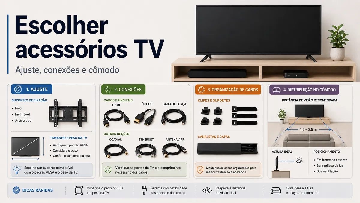 Acessórios para configurar TV comparados por ajuste, conexões necessárias e distribuição do cômodo