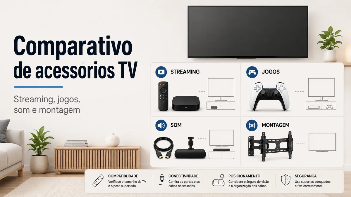 Acessórios para configurar TV comparados por usos de streaming, jogos, som e montagem na parede