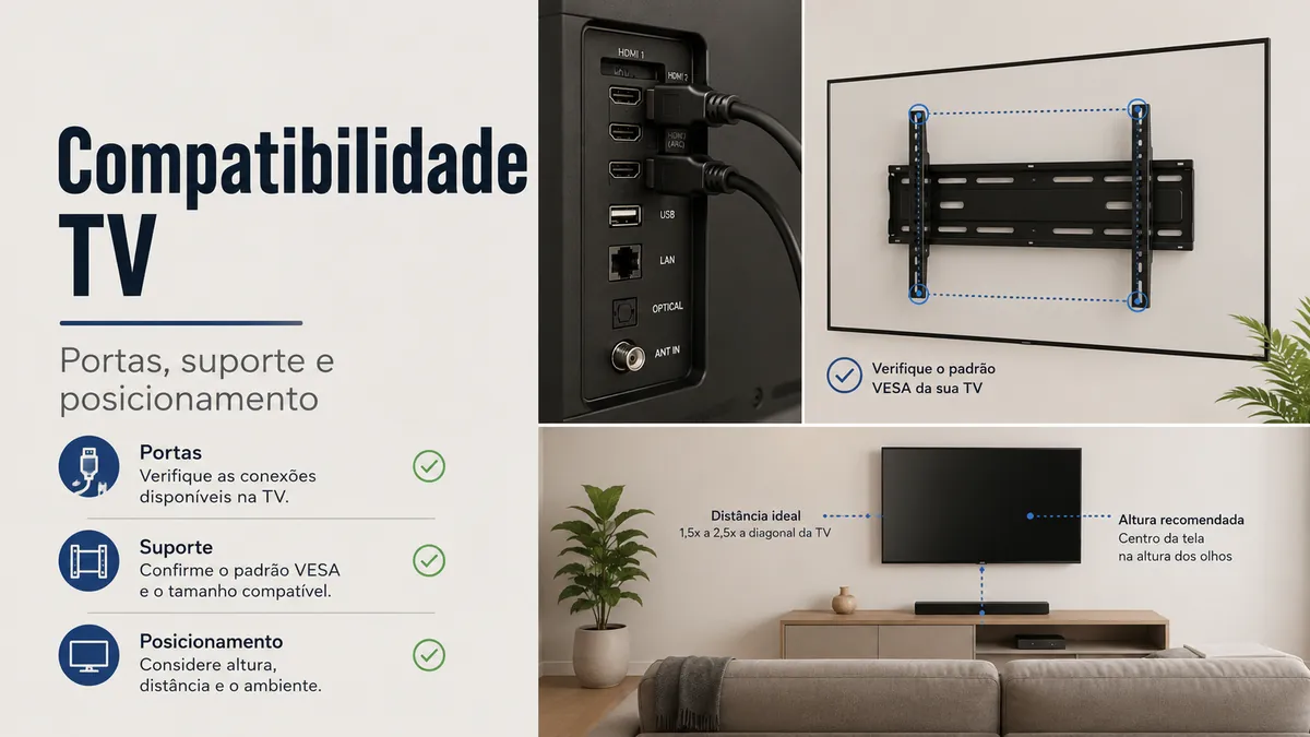 Acessórios para TV verificados por portas, ajuste do suporte e compatibilidade com o posicionamento