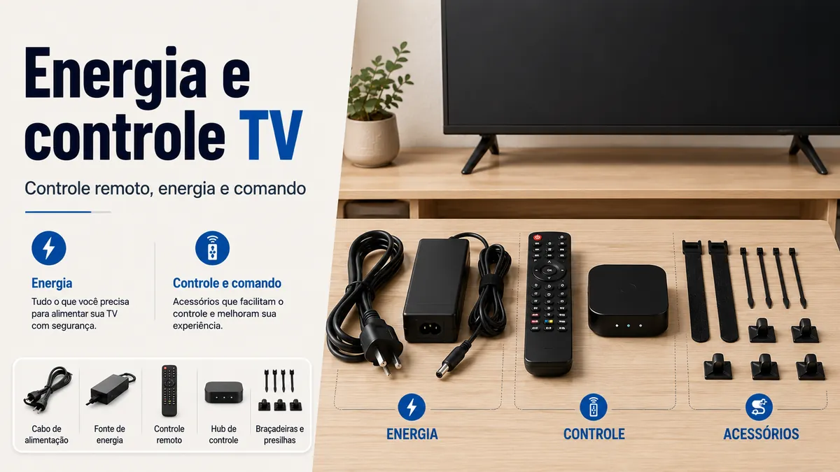 Acessórios de energia, controle remoto e comando posicionados ao lado de um setup de TV
