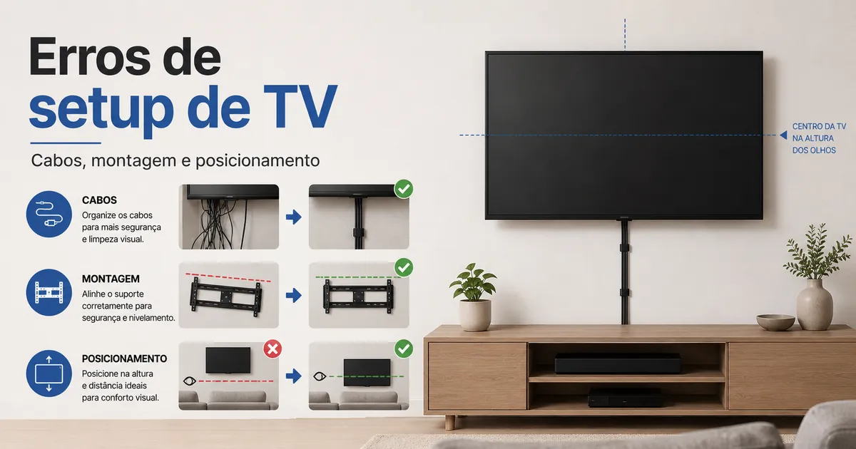 Erros comuns de setup de TV corrigidos com acessórios de cabos, montagem e posicionamento