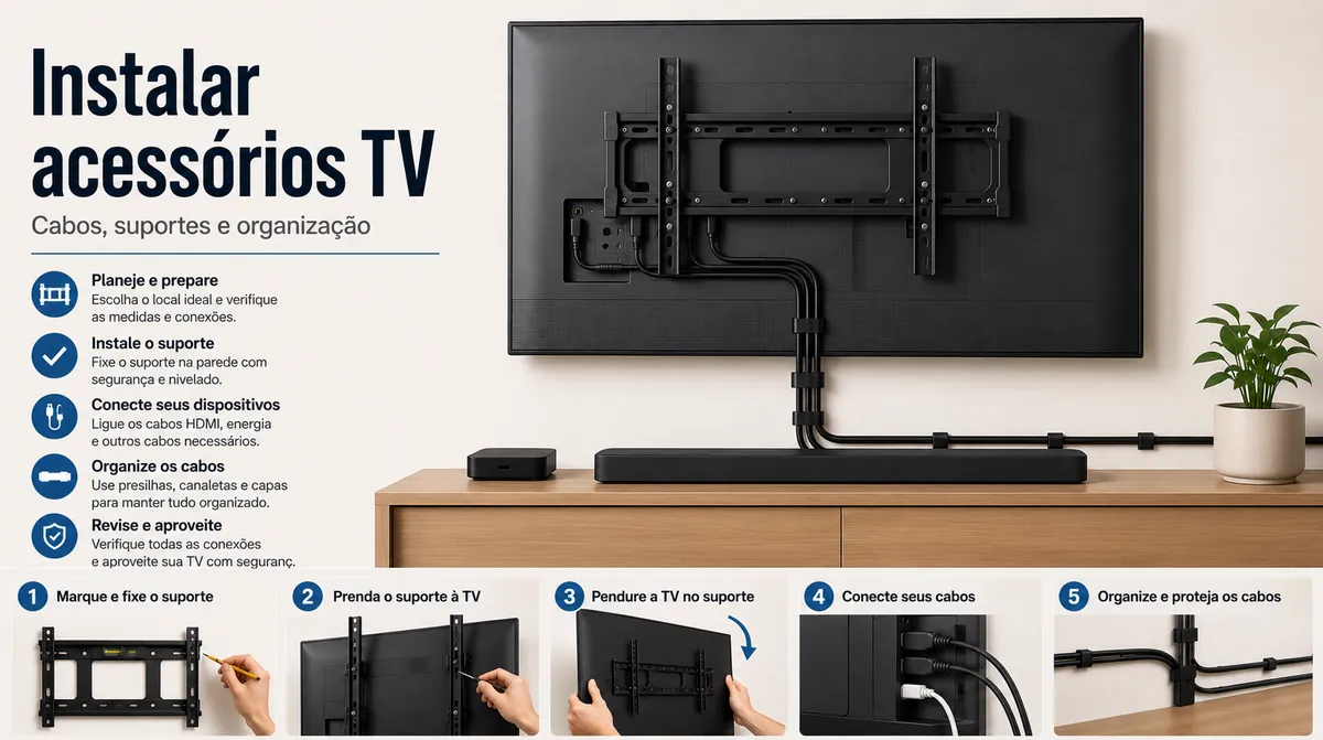 Acessórios para configurar TV instalados com cabos, suportes e peças para organizar fios
