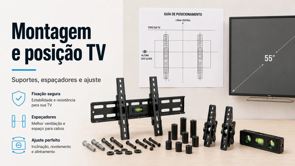 Acessórios de montagem e posicionamento para TV com suportes, espaçadores e peças de ajuste