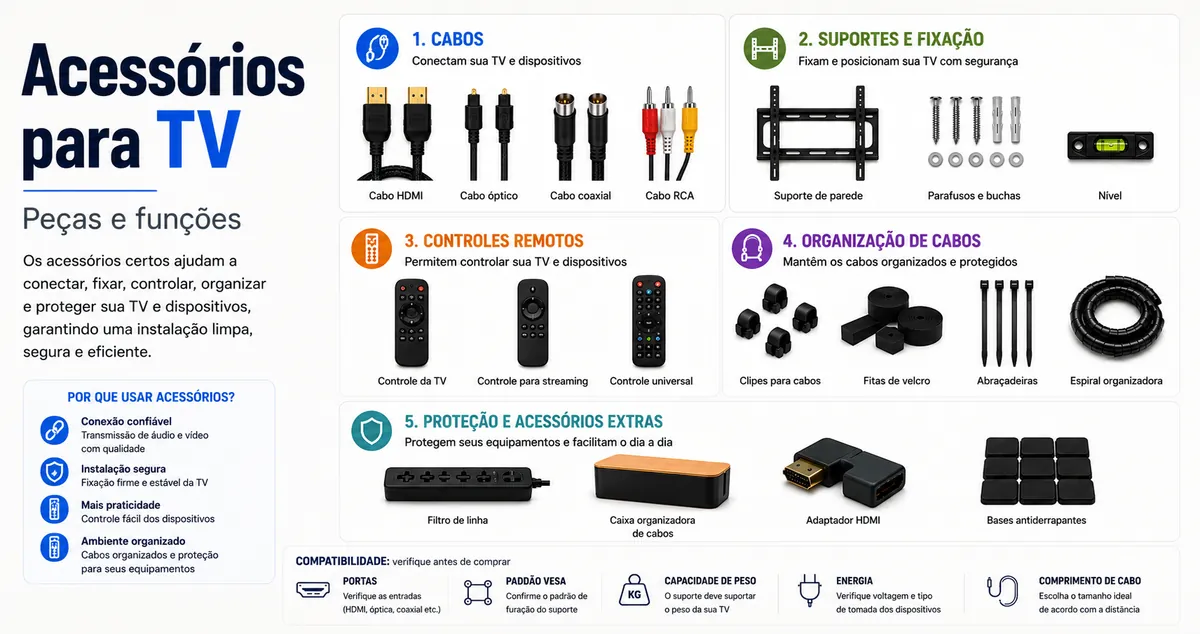 Diferentes acessórios para configurar TV organizados por peças e funções