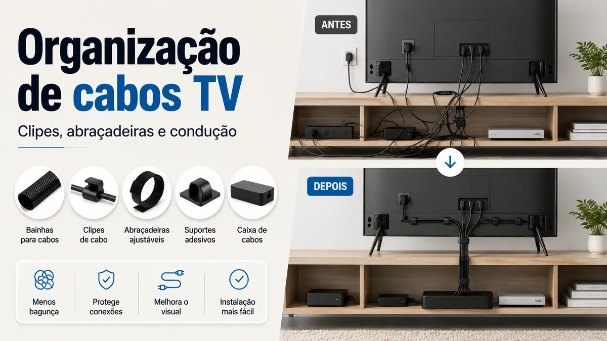 Acessórios para organizar fios atrás e abaixo de um setup de TV