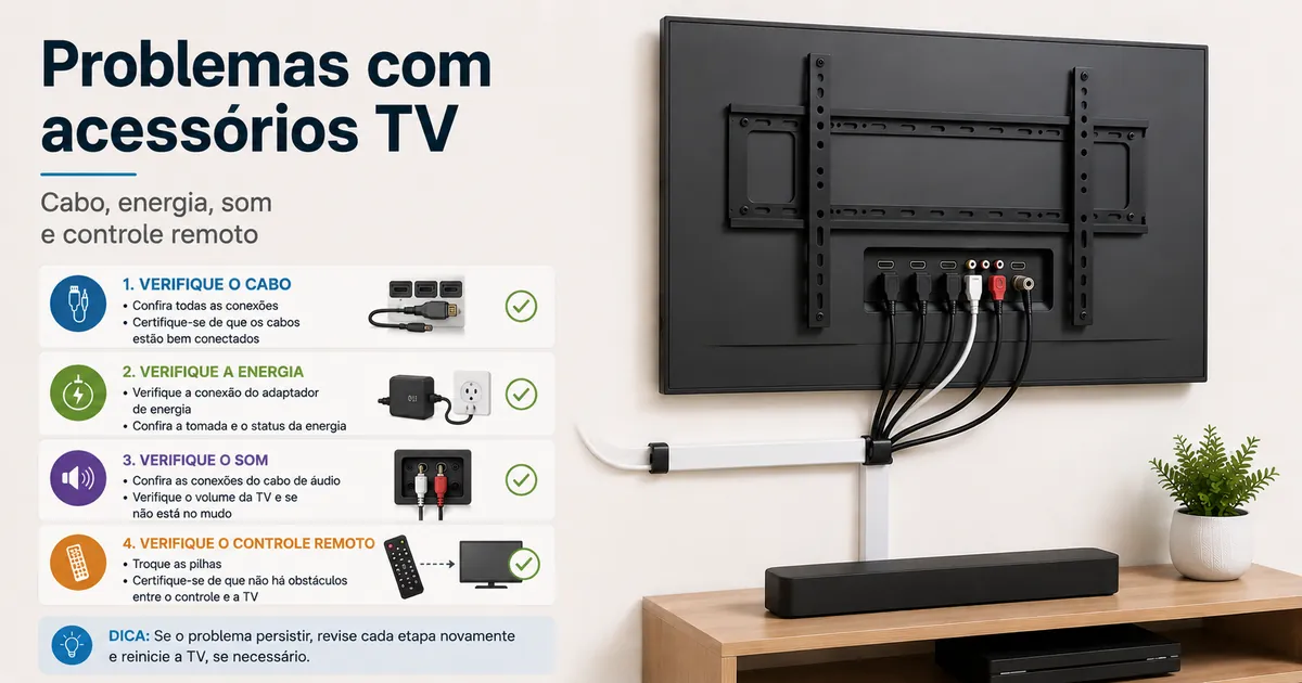 Acessórios para configurar TV verificados por problemas de cabo, energia, som e controle remoto