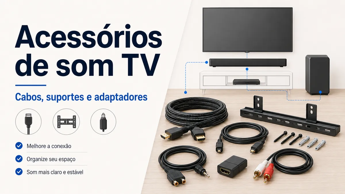 Acessórios para configurar o som da TV, com cabos de áudio, suportes para soundbar e adaptadores