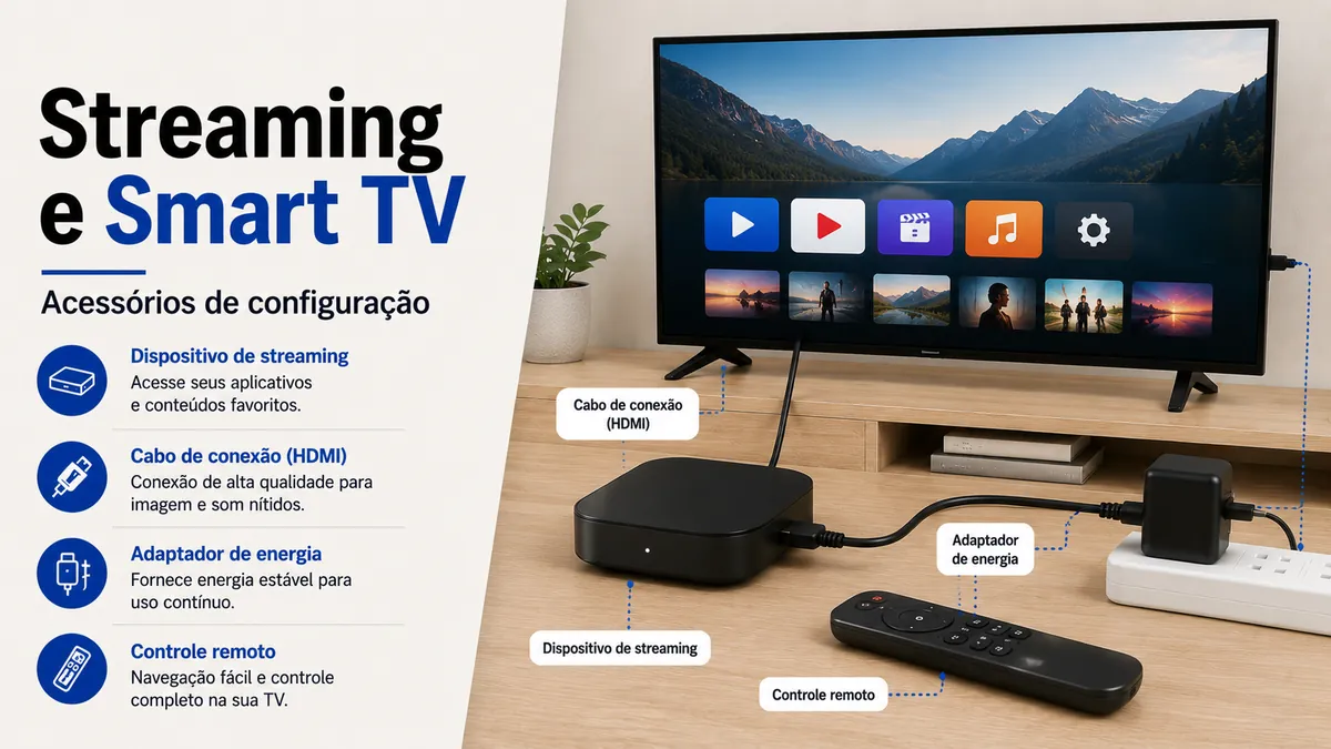 Acessórios para streaming e Smart TV conectados perto de uma televisão