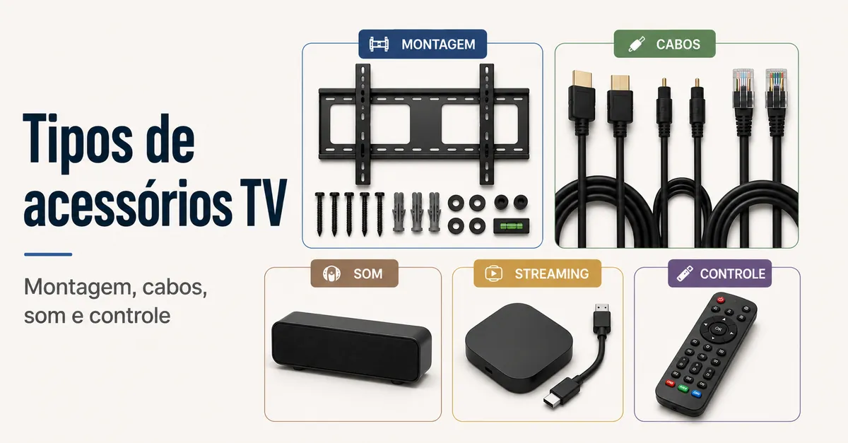 Principais tipos de acessórios para configurar TV agrupados por montagem, cabos, som, streaming e controle