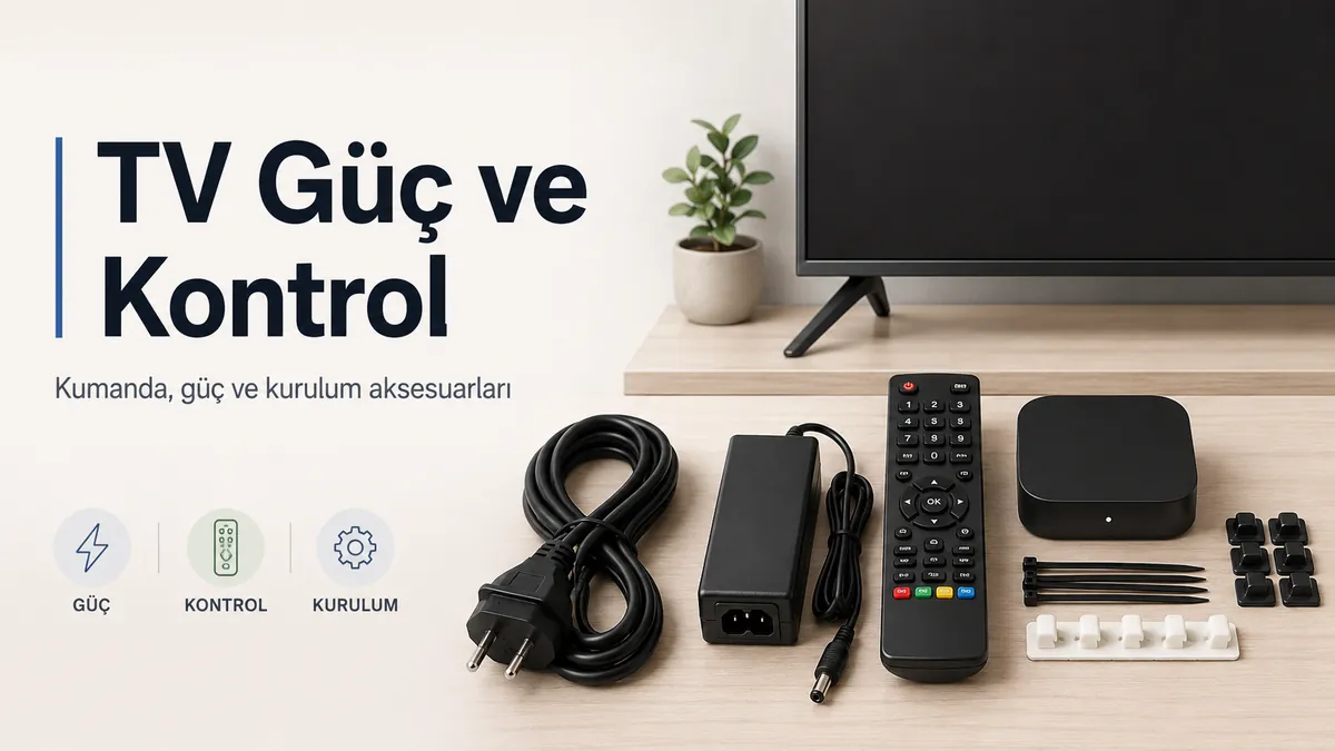Televizyon kurulumunun yanında duran güç, kumanda ve kontrol aksesuarları