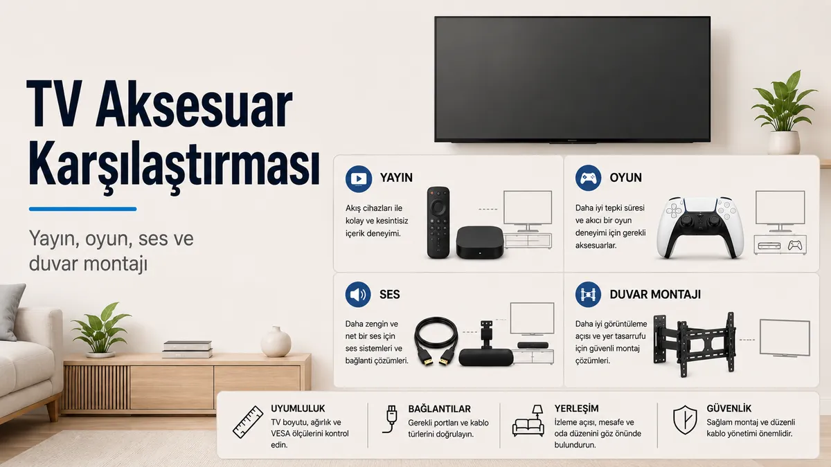 Yayın, oyun, ses ve duvar montajı kullanımlarına göre karşılaştırılan TV kurulum aksesuarları