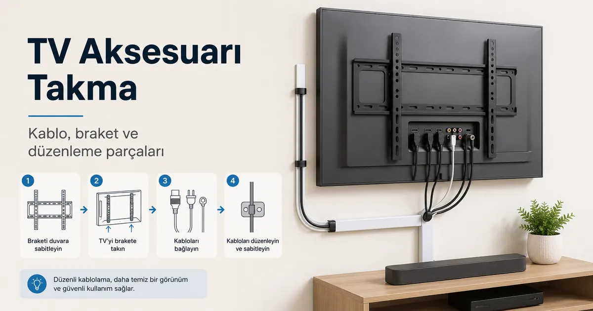 Kablolar, braketler ve kablo düzenleme parçalarıyla takılan TV kurulum aksesuarları