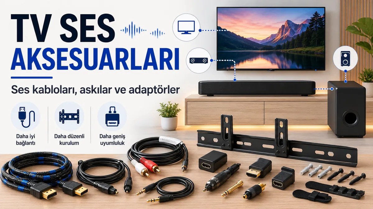 Ses kabloları, soundbar askıları ve bağlantı adaptörleriyle TV ses kurulumu aksesuarları