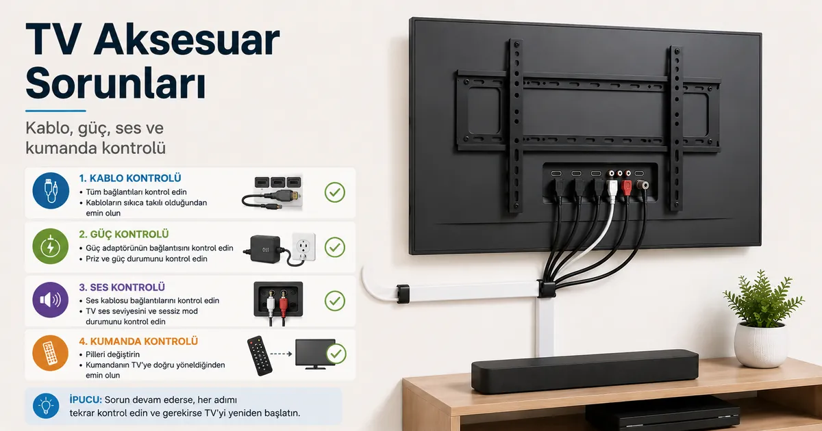 Kablo, güç, ses ve kumanda sorunları için kontrol edilen TV kurulum aksesuarları