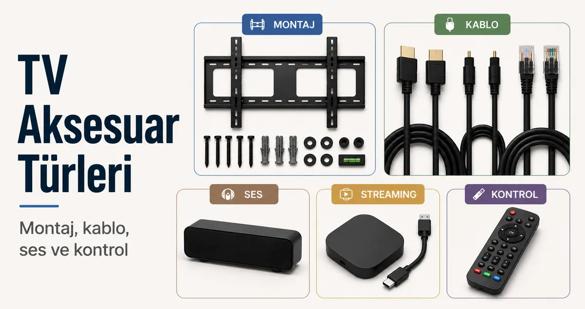 Montaj, kablo, ses, yayın ve kontrol gruplarına ayrılmış başlıca TV kurulum aksesuarı türleri