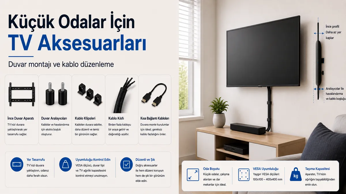 Küçük bir odada duvar montajı ve kablo düzenleme için kompakt TV kurulum aksesuarları
