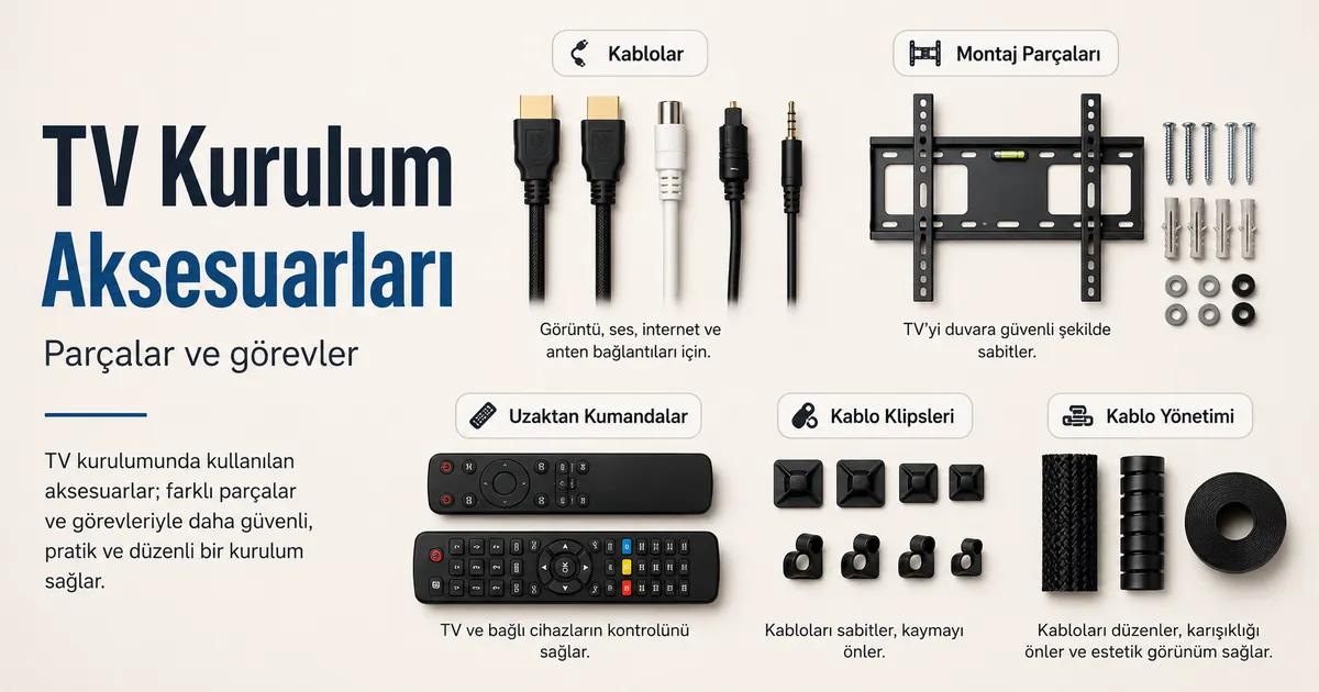 Kurulumdaki görevlerine ve parçalarına göre düzenlenmiş farklı TV kurulum aksesuarları