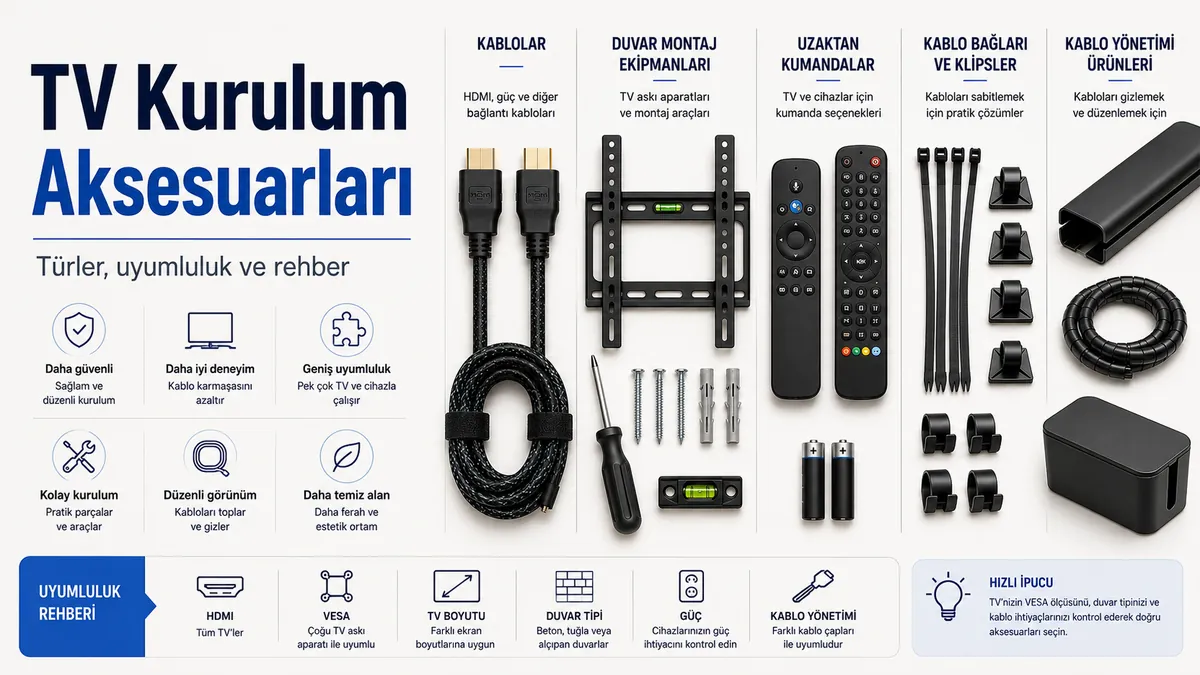 Kablolar, montaj araçları, kumandalar ve kablo düzenleme parçalarıyla düzenlenmiş TV kurulum aksesuarları