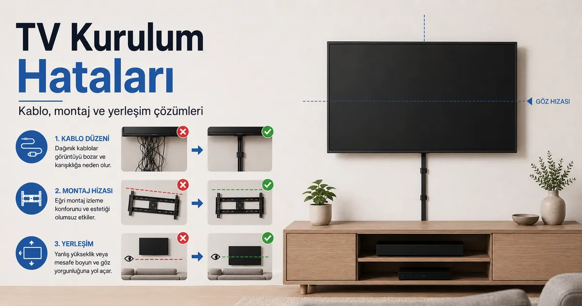 Kablo, montaj ve yerleştirme aksesuarlarıyla düzeltilen yaygın TV kurulum hataları