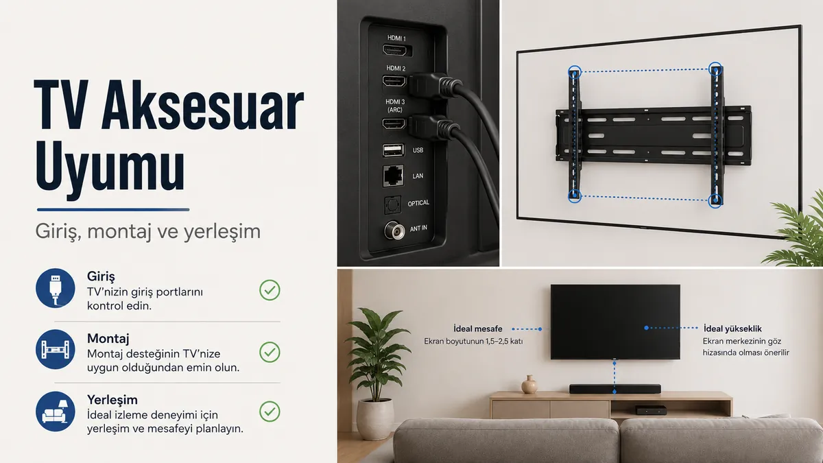 Kablo girişleri, montaj uyumu ve oda yerleşimi açısından kontrol edilen TV kurulum aksesuarları