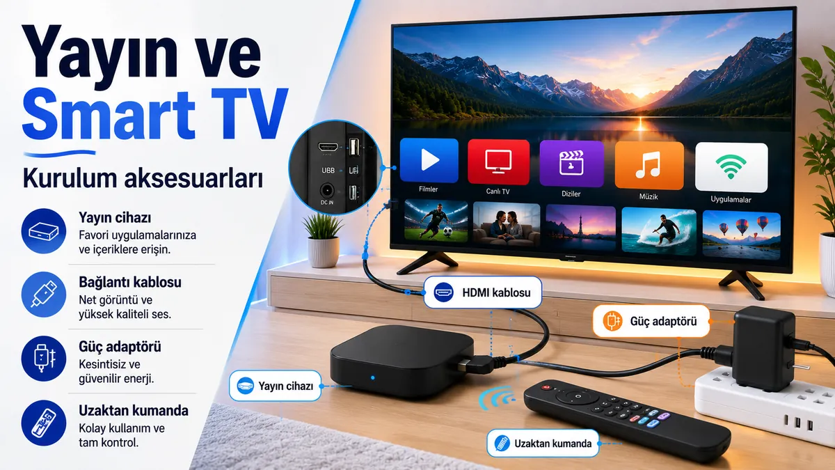 Televizyonun yanında bağlı duran yayın ve Smart TV kurulum aksesuarları